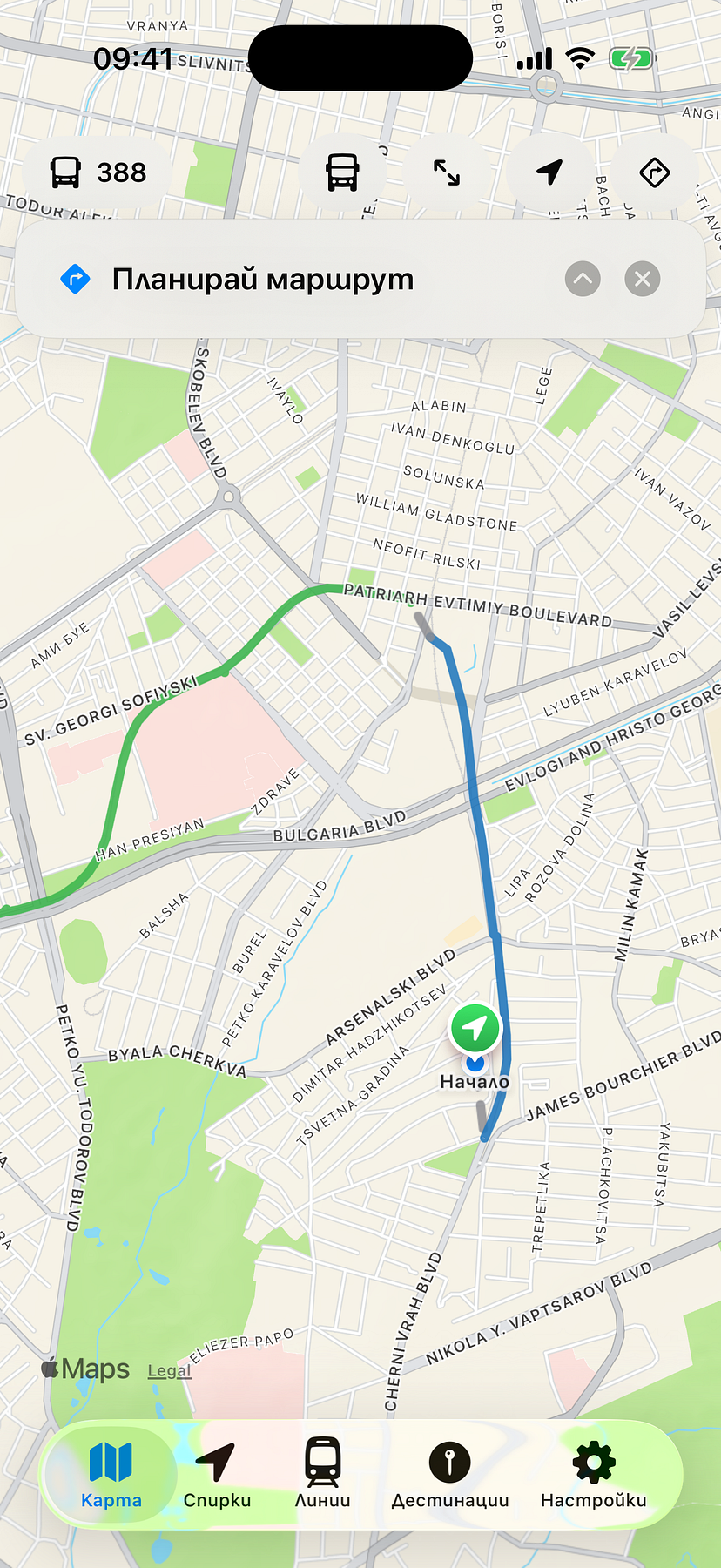 Walking route on the live map